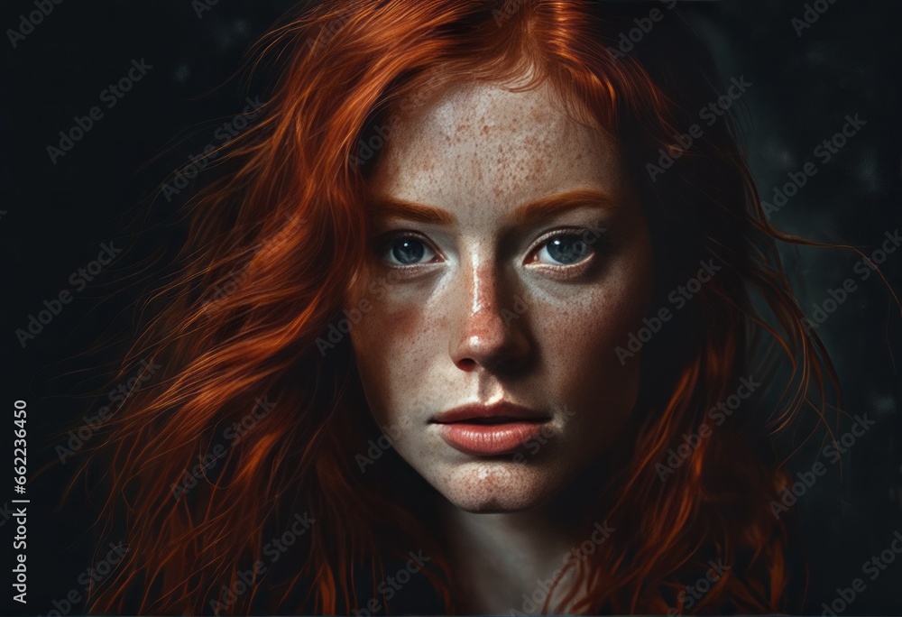 portrait of redhead woman with red hair. portrait of redhead woman with red hair. portrait of red - haired redhead woman with freckles