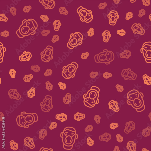 Brown line Man face in a medical protective mask icon isolated seamless pattern on red background. Quarantine. Vector