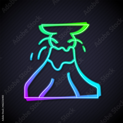 Glowing neon line Volcano eruption with lava icon isolated on black background. Vector