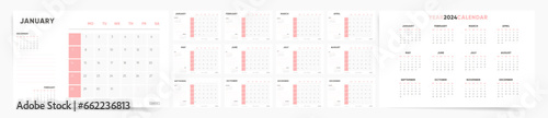 2024 Calendar Template Design. Week Starts on Sunday Office Calendar. Desktop Calender in simple clean style. Corporate or Business Calendar. English Vector Calendar layout.