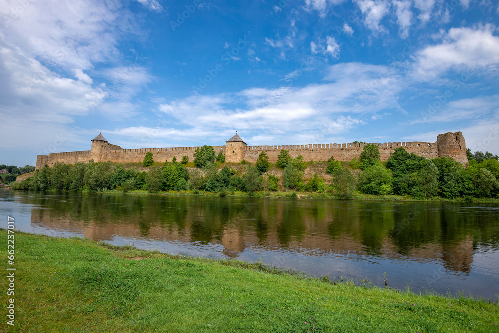 The ancient Ivangorod fortress on the bank of the Narova River. Leningrad Region, Russia