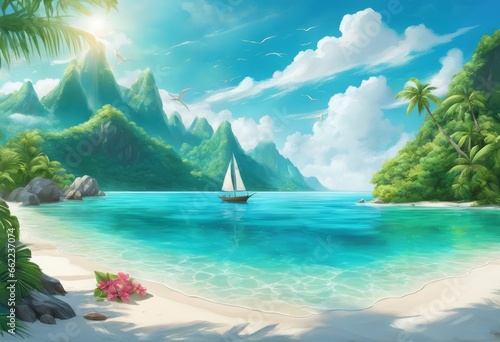 3d illustration of a beautiful tropical background 3d illustration of a beautiful tropical background tropical island beach with palm trees and sea. © Shubham