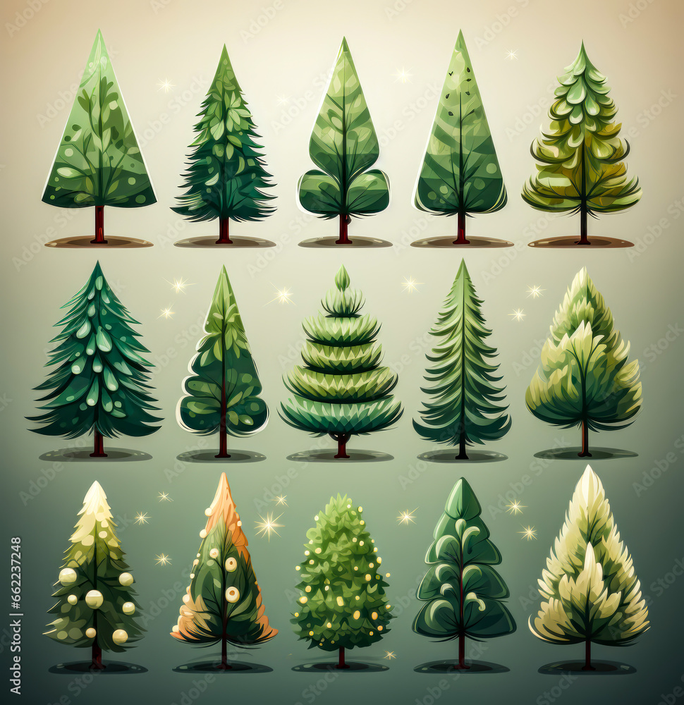 a set of flat christmas trees arranged, presents, christmas spirit, santa claus, familiy, tree,