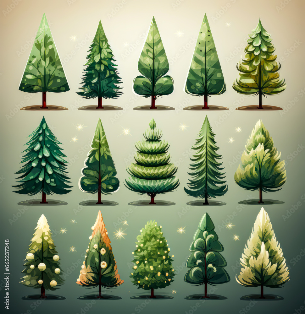 Obraz premium a set of flat christmas trees arranged, presents, christmas spirit, santa claus, familiy, tree,