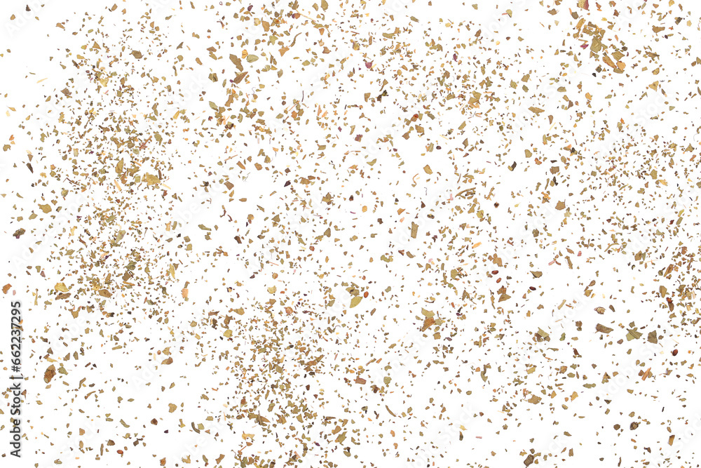 Dried and chopped up basil spice pile isolated on white background, top view
Dried and chopped up basil spice pile isolated on white background, top view