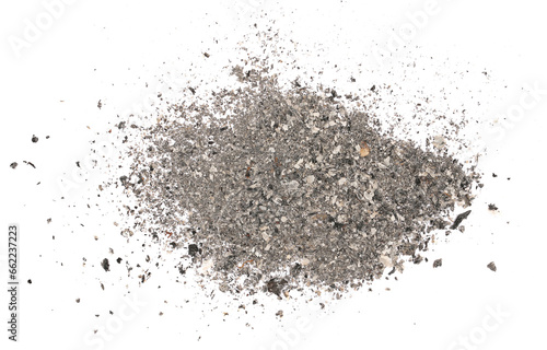 Pile ash scattered isolated on white background, texture, top view 
