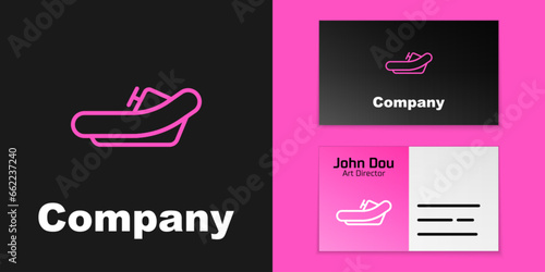 Pink line Rafting boat icon isolated on black background. Inflatable boat with paddles. Water sports, extreme sports, holiday, vacation. Logo design template element. Vector