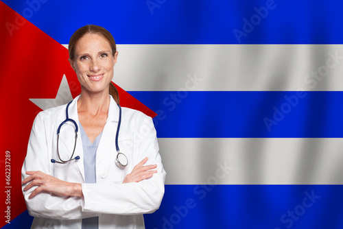 Photography Cuban general practitioner doctor gp on the flag of Cuba