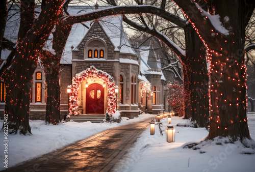 trees with christmas lights at the entrance of a house with christmas and snowy decoration, christmas, presents, christmas spirit, santa clauss, familiy, tree,