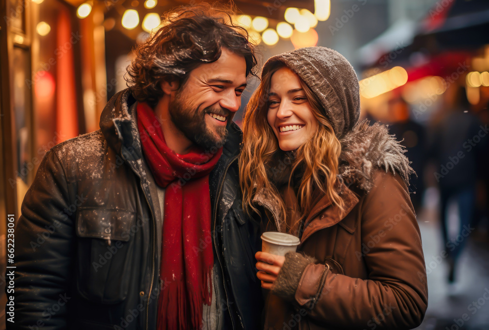 a standing outside couple drinking coffee, smiling, it is winter in a city street