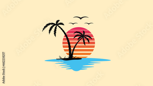 Vintage Retro sunset beach side Palm tree water reflection 
