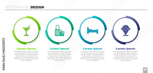 Set Martini glass, Suitcase, Hotel room bed and Five stars rating review. Business infographic template. Vector