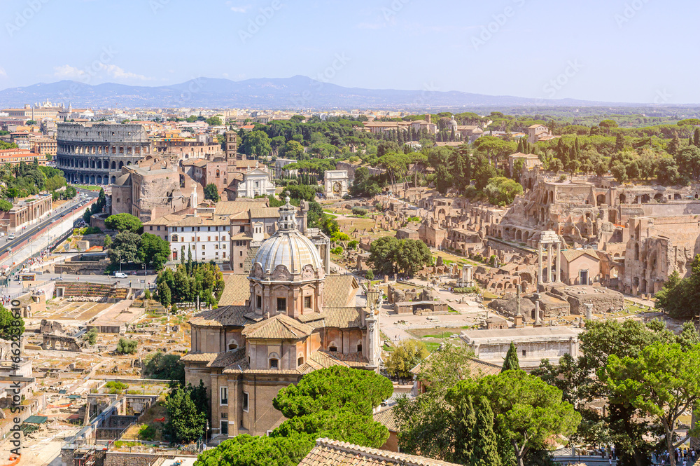Impressive view of the roman forum in a summer day