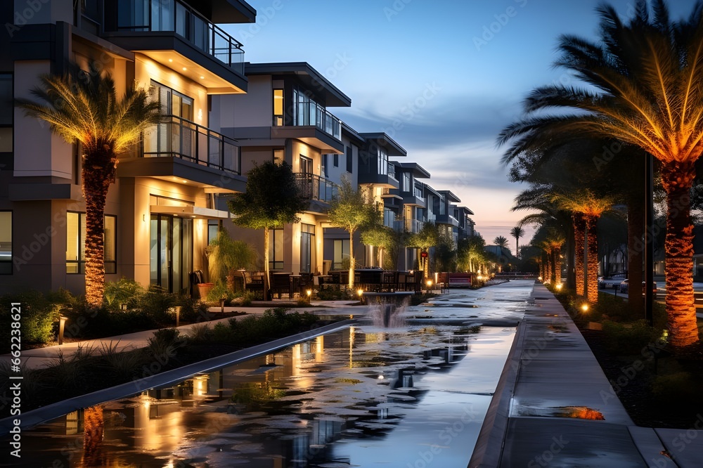 Sunset view of luxury villas in Dubai, United Arab Emirates