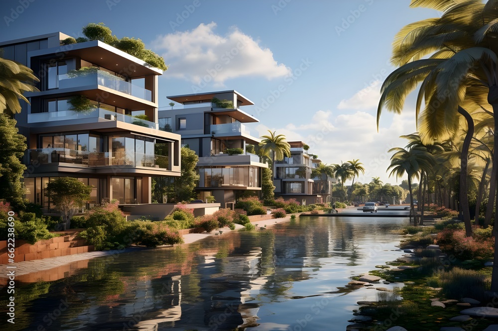 Modern luxury house on the water. Luxury home on the water with palm trees.