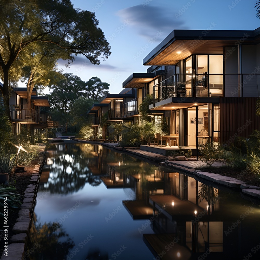 Aerial view of a modern residential area at sunset with a view of the river. Aerial view of a modern residential area at sunset with a view of the river.