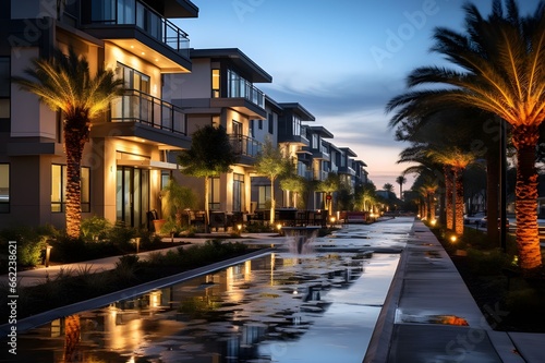 Sunset view of luxury villas in Dubai, United Arab Emirates