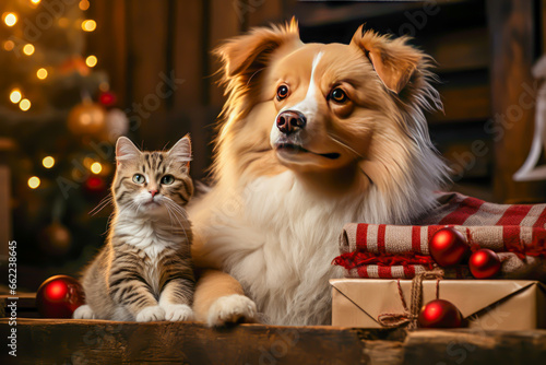 a cat and a dog on wooden table with christmas gifts, christmas tree background, christmas concept animals