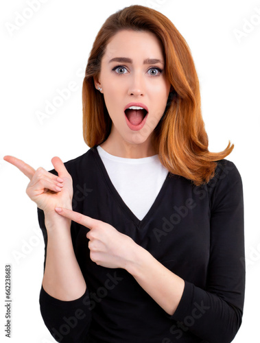Shocked Portrait of a business woman pointing fingers showing a product or Video Explainer. Clean Transparent background Girl Points right or left PNG