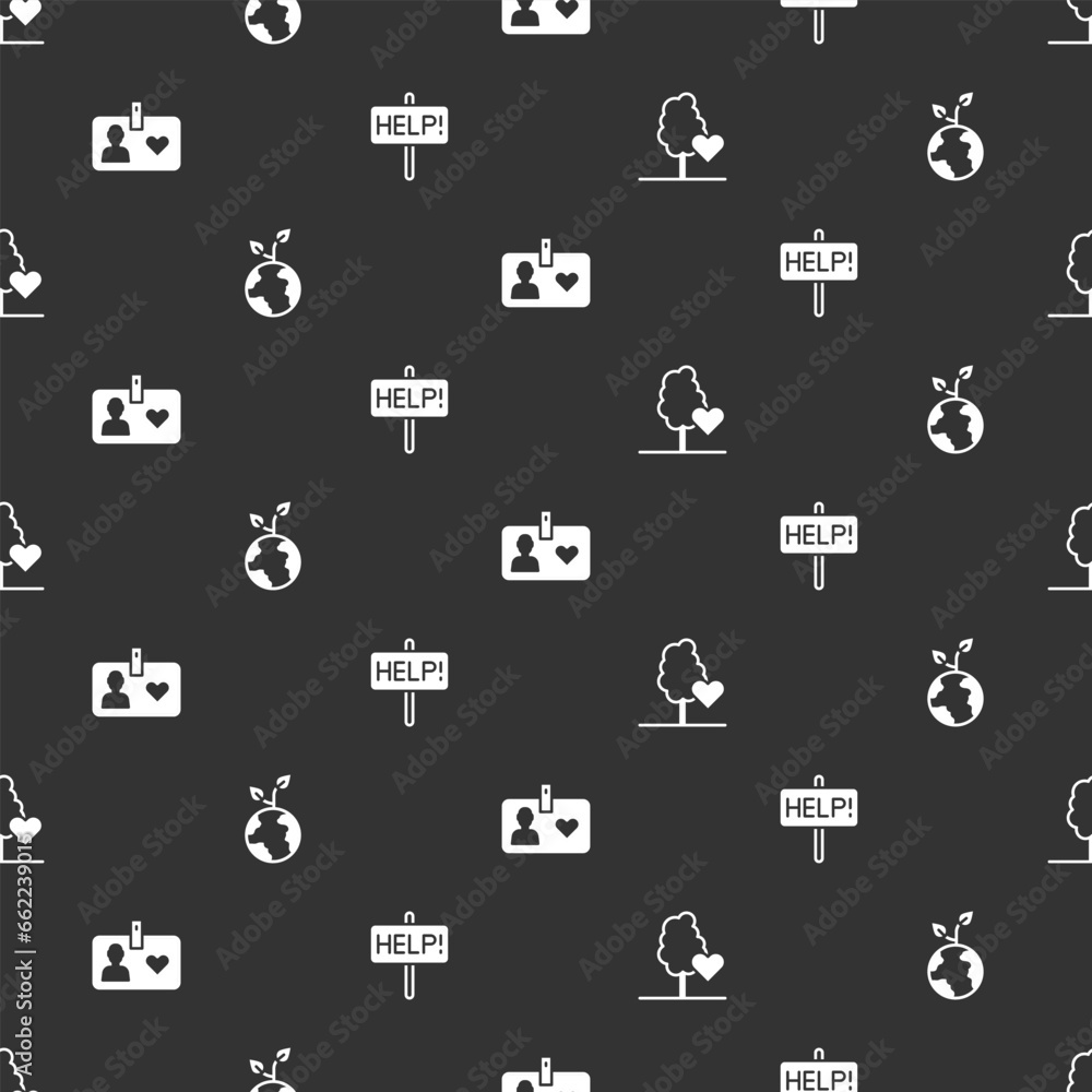 Set Volunteer team planting trees, , id card or badge and Help sign on seamless pattern. Vector Set Volunteer team planting trees, , id card or badge and Help sign on seamless pattern. Vector