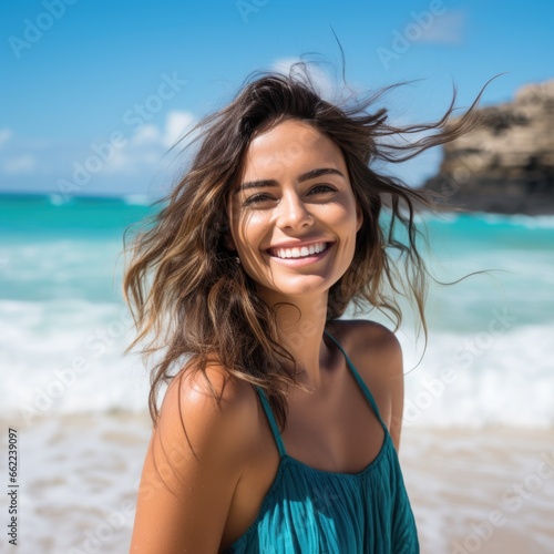 photo of a smiling gorgeous woman at the beach, vibrant blue ocean,