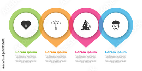 Set Eiffel tower with heart, Umbrella for beach, Cheese and French mime. Business infographic template. Vector