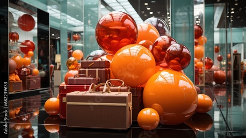 The store window is filled with orange balloons, bags and other items.