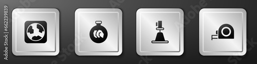 Set Earth globe, Exhibition with minerals, rocks, Tacheometer, theodolite and Roulette construction icon. Silver square button. Vector