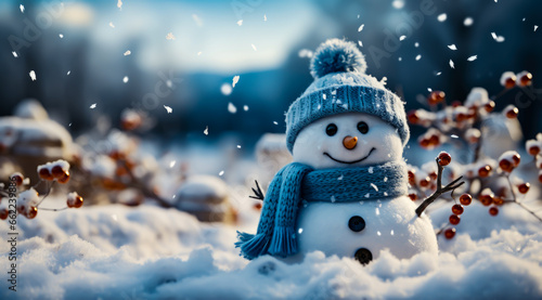 a couple of snowmen have hats and scarves, they are happy in the snow, blurred background, winter, christmas © VicenSanh