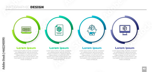 Set Binary code, NFT contract, Digital crypto art and Monitor with store app. Business infographic template. Vector