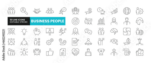 Set of 50 Business People line icons set. Business People outline icons with editable stroke collection. Includes Team, Career, Leadership, Businessman, Collaboration and More.