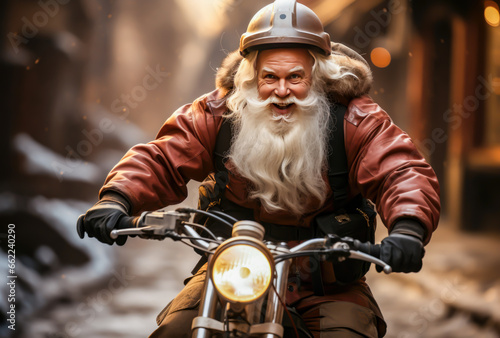 santa claus in red leather jacket riding a motorcycle in winter street