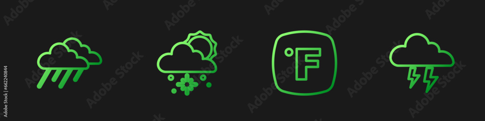 Set line Fahrenheit, Cloud with rain, snow and sun and Storm. Gradient color icons. Vector - obrazy, fototapety, plakaty 