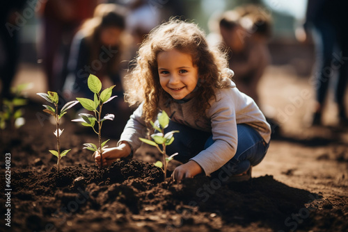 Eine glückliche Familie mit Kindern pflanzt gemeinsam einen neuen Baum im Frühling für eine bessere Zukunft, verkörpert Liebe, Zusammenhalt und Nachhaltigkeit photo