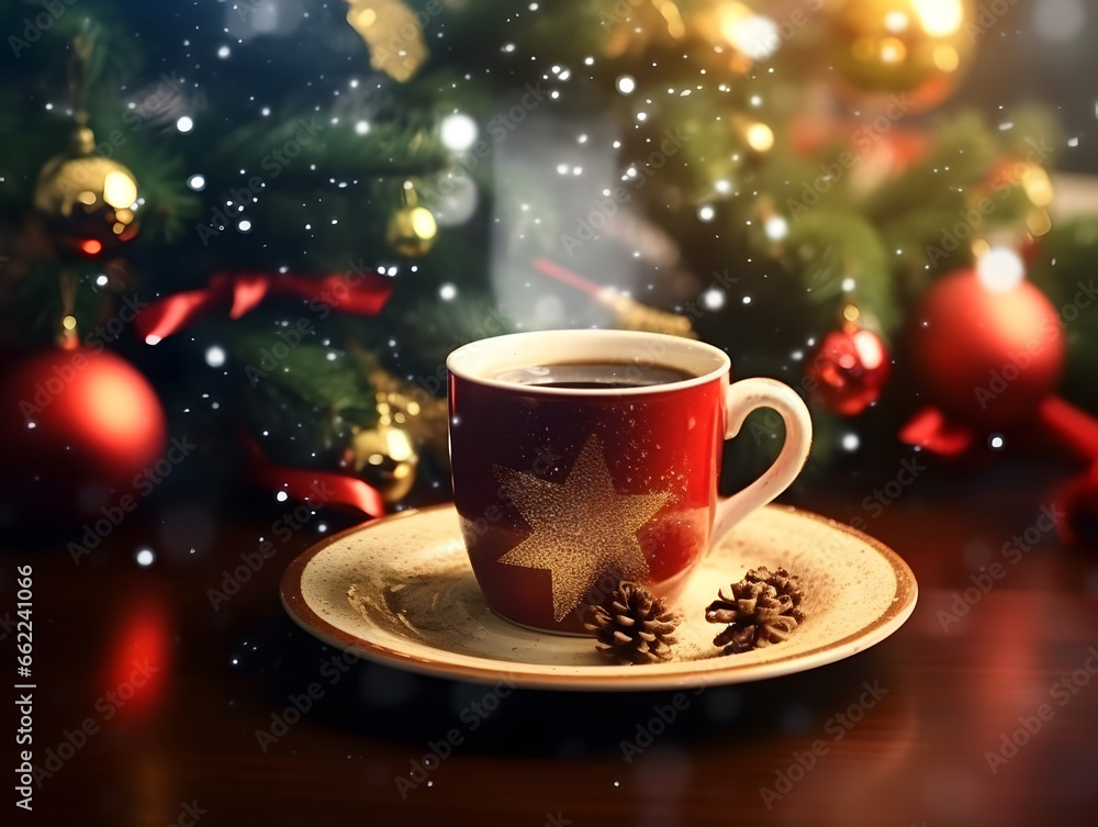 Obraz premium Decorated ceramic coffee cup with background of christmas tree