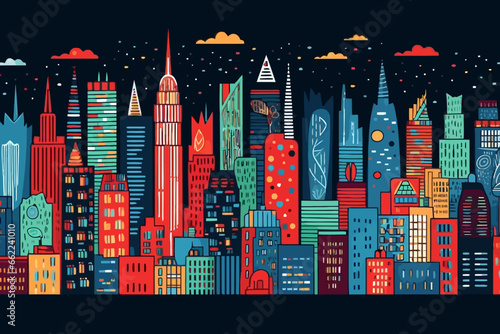 New York City skyline quirky doodle pattern, wallpaper, background, cartoon, vector, whimsical Illustration
