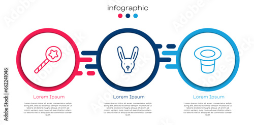 Set line Magic wand, Rabbit with ears and hat. Business infographic template. Vector