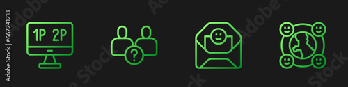 Set line Envelope with Valentine heart, Computer monitor screen, Complicated relationship and International community. Gradient color icons. Vector
