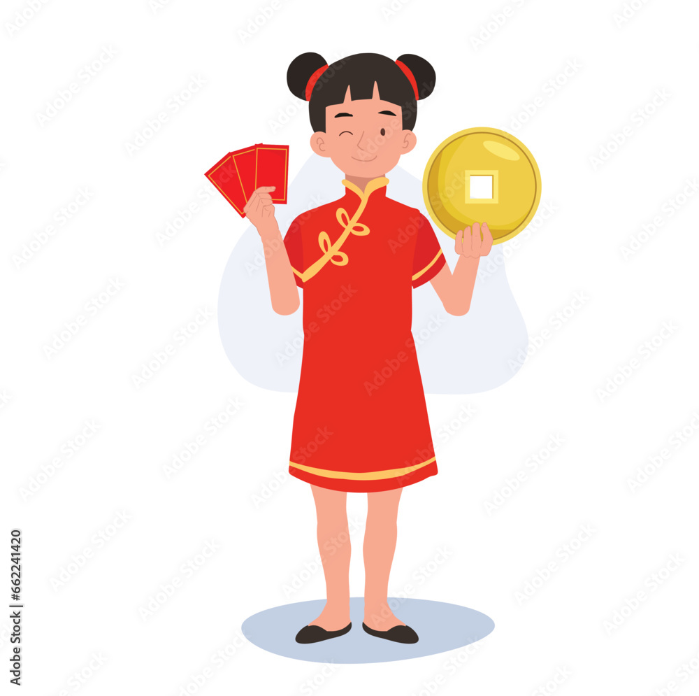 Happy Little Kid in Chinese Traditional Costume with Red Envelope and Gold Coin Happy Little Kid in Chinese Traditional Costume with Red Envelope and Gold Coin