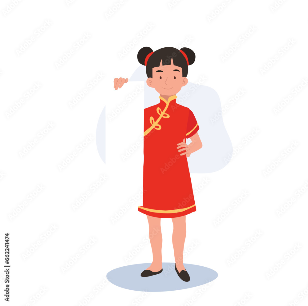Happy Little Kid in Chinese Traditional Costume Holding Long Paper. Chinese New Year Celebration Happy Little Kid in Chinese Traditional Costume Holding Long Paper. Chinese New Year Celebration