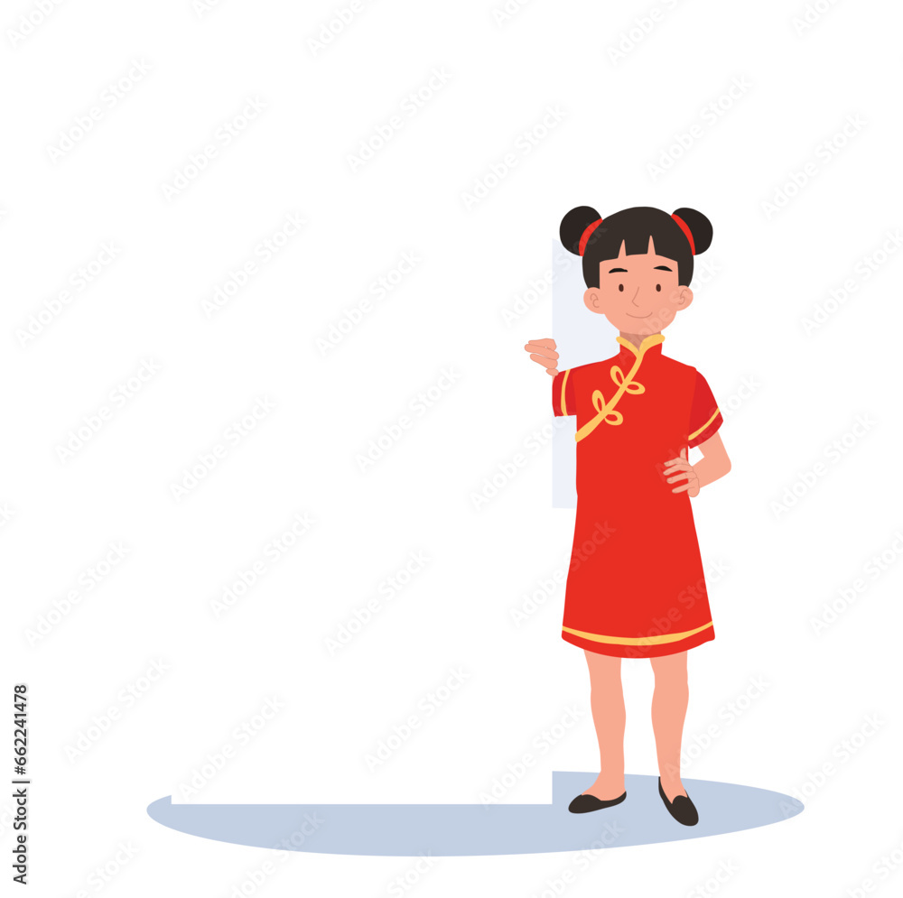 Joyful Child in Asian Traditional Clothing with Ad Banner, Copy Space Joyful Child in Asian Traditional Clothing with Ad Banner, Copy Space