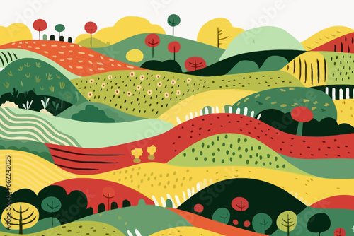 Rolling fields of crops quirky doodle pattern, wallpaper, background, cartoon, vector, whimsical Illustration