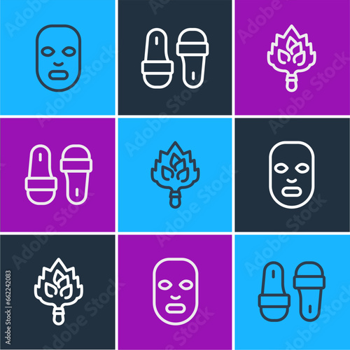 Set line Facial cosmetic mask, Sauna broom and slippers icon. Vector