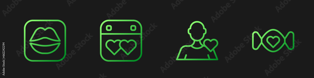 Set line Romantic man, Smiling lips, Calendar with heart and Candy. Gradient color icons. Vector Set line Romantic man, Smiling lips, Calendar with heart and Candy. Gradient color icons. Vector