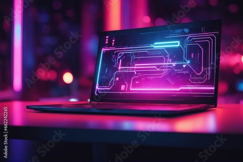 Futuristic illustration about computer technology with a laptop in neon colors For cover background