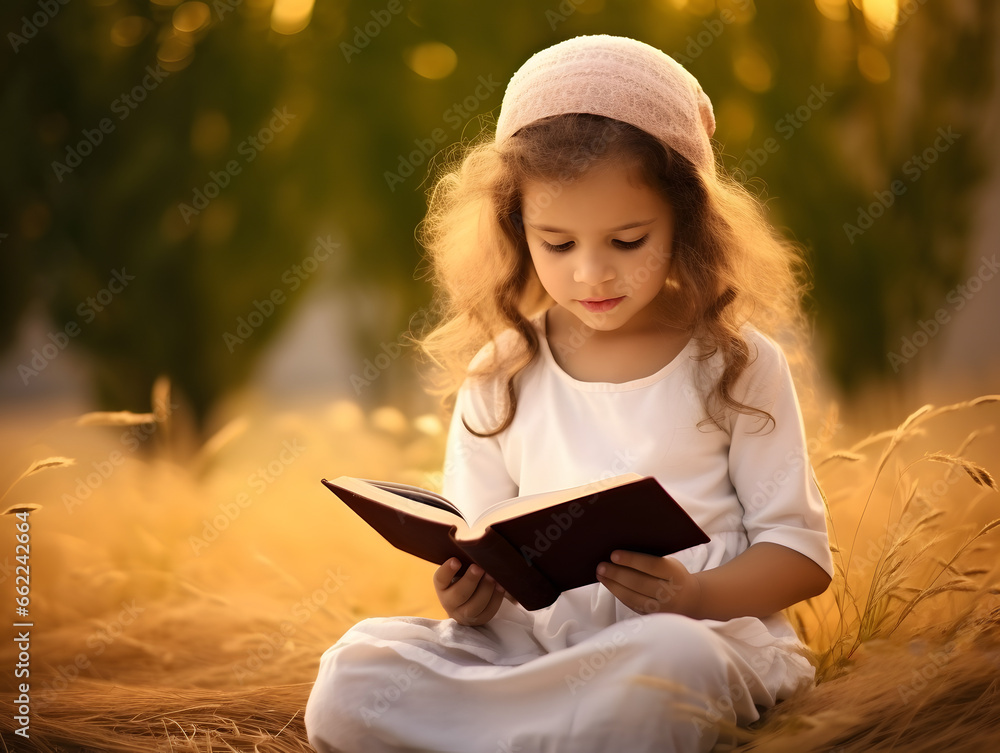 Little girl reading holy bible book in the rice field at sunrise Little girl reading holy bible book in the rice field at sunrise