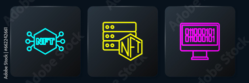 Set line NFT Digital crypto art, Binary code and blockchain technology. Black square button. Vector