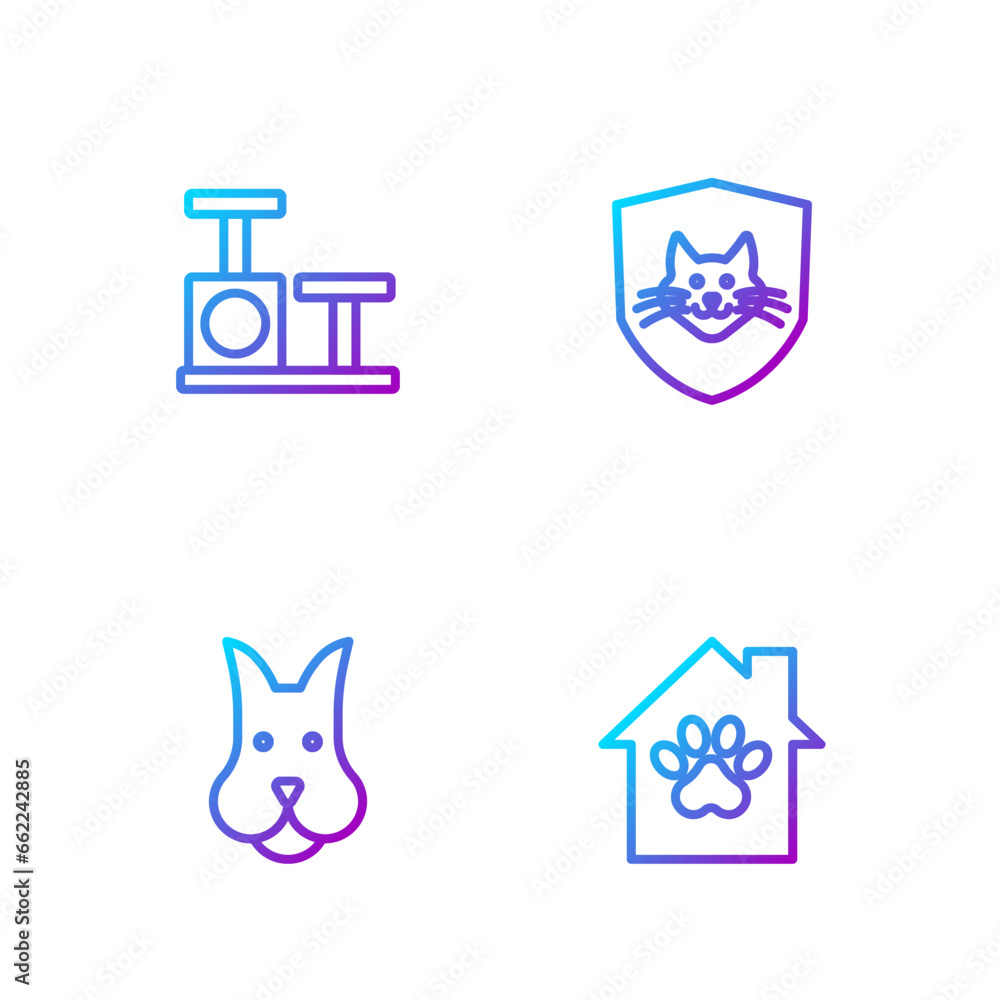 Set line Pet house, Dog, Cat scratching post with toy and Animal health insurance. Gradient color icons. Vector Set line Pet house, Dog, Cat scratching post with toy and Animal health insurance. Gradient color icons. Vector