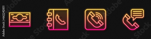 Set line Telephone handset, Stacks paper money cash, Phone book and conversation. Glowing neon icon. Vector