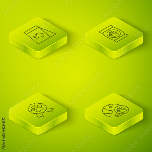 Set Isometric line Bag of food for pet, Pet award symbol, World and Food fish icon. Vector